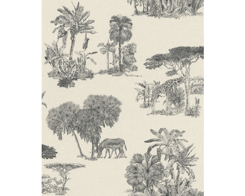 RASCH Vliesbehang 555028 Lirico natuur en dieren zwart Behang met jungle motief, inclusief bomen, giraffen en zebra''s