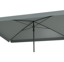 Detail van een rechthoekige parasol met metalen frame