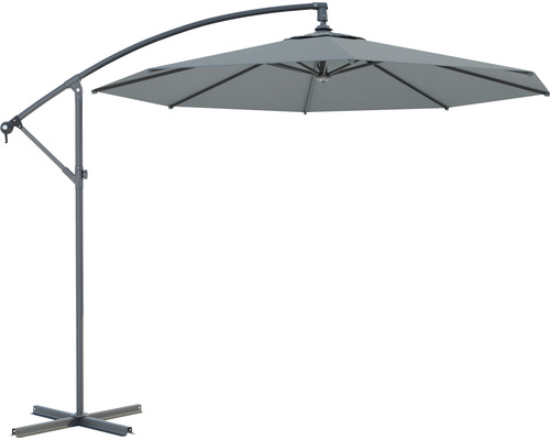 Grijze zweefparasol met metalen frame en kruisvoet voor de tuin