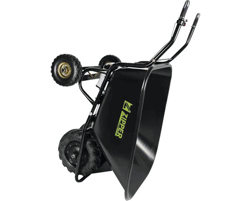 Zwarte motor kruiwagen met drie wielen en Zipper Logo