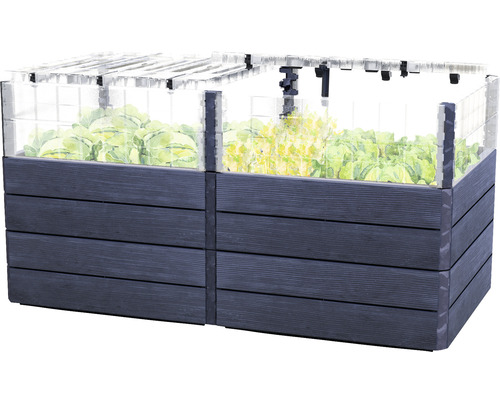 Houten verhoogde tuinbak met transparante opzetstuk en planten