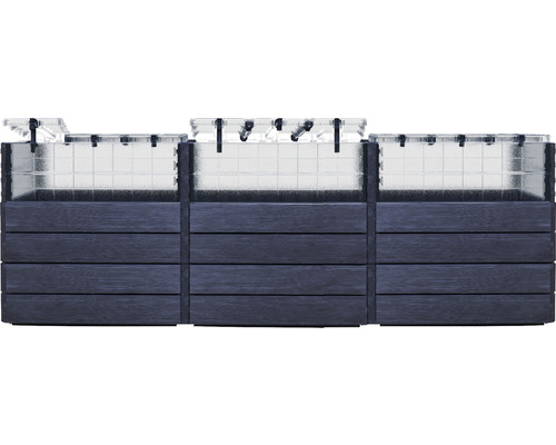 Drie modulaire plantenbakken van hout en kunststof met irrigatiesysteem