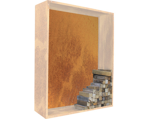 Decoratief element met houten treden voor een gemusterde wand