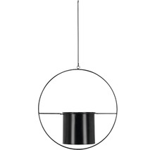 Hangende plantenbak met zwarte plantenbak in een ronde metalen frame