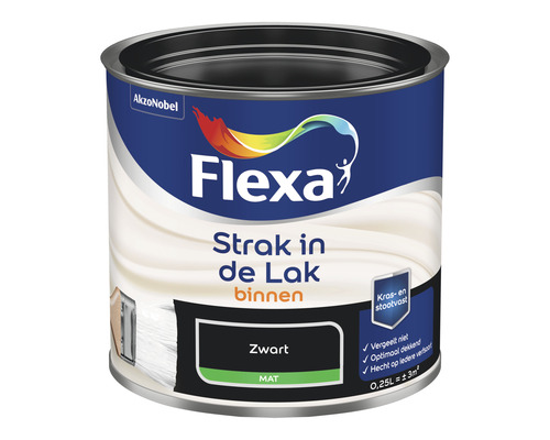FLEXA Strak in de lak binnenlak mat zwart 250 ml Flexa lakverf voor binnen, Zwart, matte afwerking in een blik