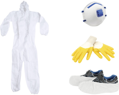 Beschermende kledingset met overall, ademhalingsmasker, beschermende handschoenen en overschoenen