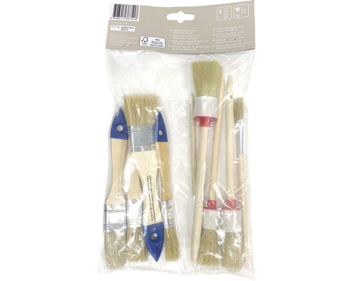 Penselenset met diverse penselen en houten handgrepen in een transparante verpakking