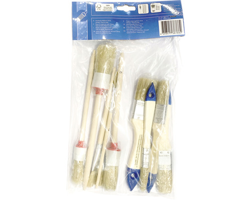 Penselenset in foliezak, bestaande uit platte penselen en ronde penselen