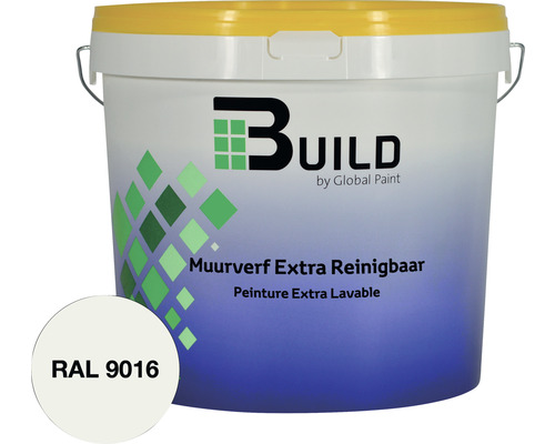 BUILD Muurverf extra reinigbaar mat RAL 9016 5 l Emmer met afwasbare Build muurverf, kleur RAL 9016