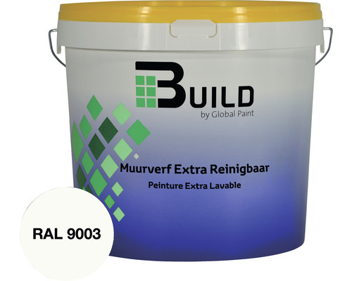 BUILD Muurverf extra reinigbaar mat RAL 9003 10 l Emmer met afwasbare muurverf, RAL 9003