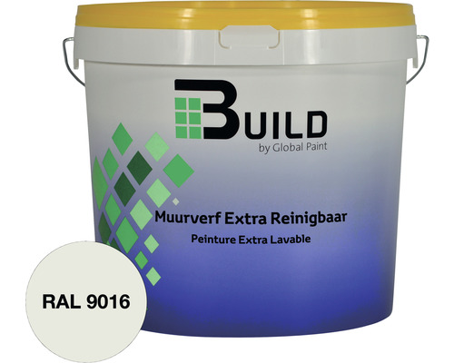 BUILD Muurverf extra reinigbaar mat RAL 9016 10 l Eimer met muurverf extra reinigbaar RAL 9016