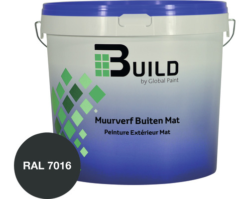 BUILD Muurverf buiten mat RAL 7016 10 l Emmer met matte buitenmuurverf, RAL 7016