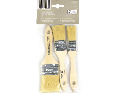 Set van drie verfborstels met houten handvat en verschillende maten in een verpakking.