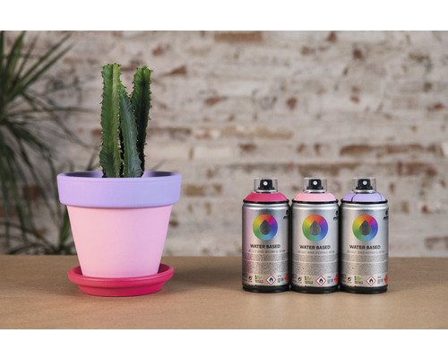 Decoratieve opstelling met cactus in beschilderde terracotta potten en verfspuitbussen