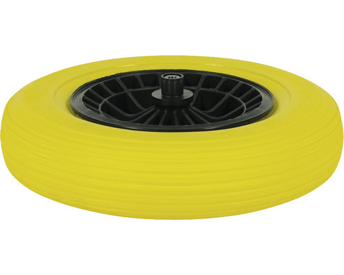Geel kruiwagenwiel met zwarte naaf.