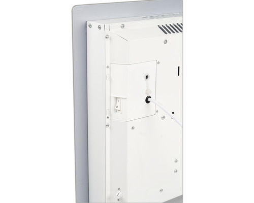 Detailaanzicht van de achterkant van een radiator met schakelaar en kabelaansluiting