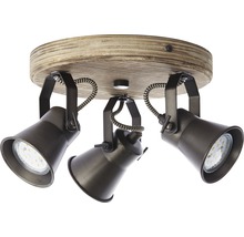 Plafondlamp met drie spots en houten plaat