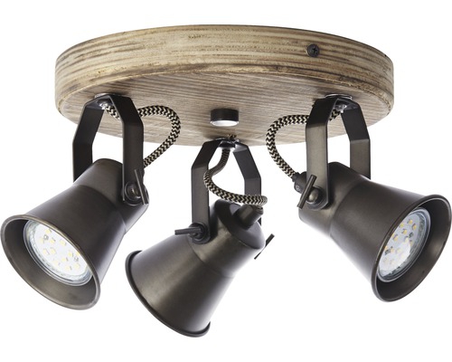 Plafondlamp met drie spots en houten plaat