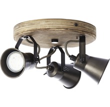Plafondlamp met drie spots, houten voet en textielkabel
