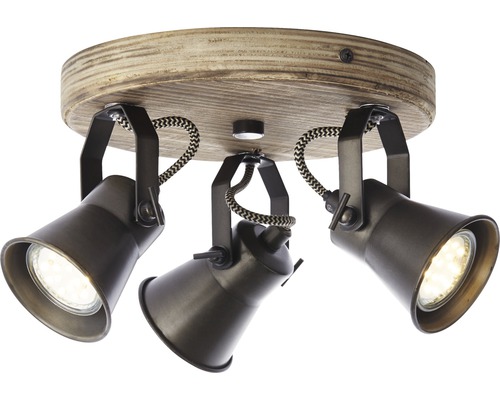 Plafondlamp met drie spots en houten plaat