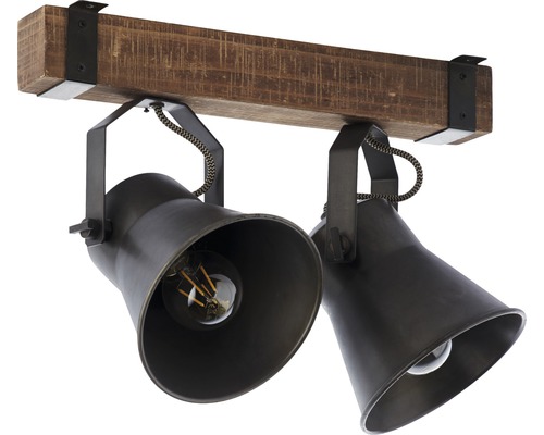Plafondlamp met twee spots op een houten balk