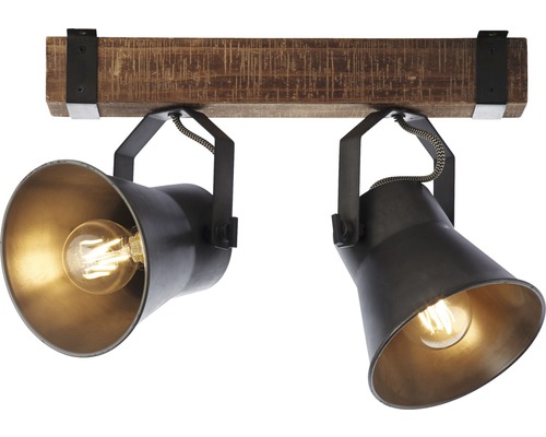 Plafondlamp met twee spots van metaal en houten balk