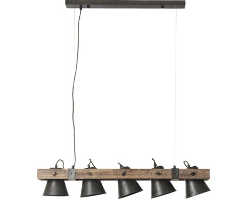 Hanglamp met vijf lampen aan houten balk