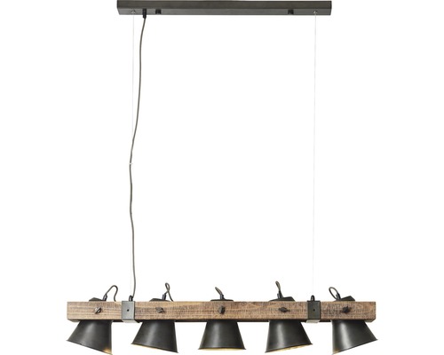 Hanglamp met houten balk en vijf lampenkappen