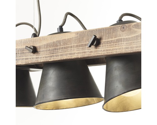 Hanglamp met drie lampenkappen van hout en metaal