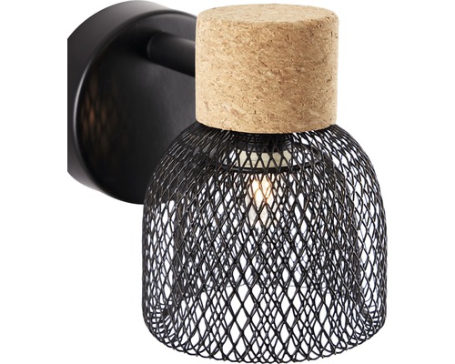 Zwarte wandlamp met draadlampenkap en kurken opzetstuk