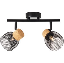 Plafondlamp met twee spots, zwart metalen raster en kurkelementen