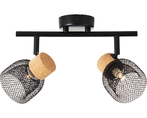 Plafondlamp met twee spots, zwart metalen raster en kurkelementen