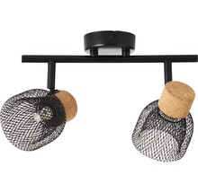 Plafondlamp met twee spots met kurk elementen en zwart metalen raster