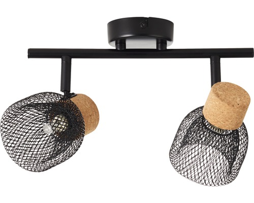 Plafondlamp met twee spots met kurk elementen en zwart metalen raster