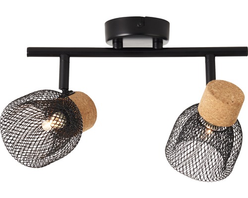 Plafondlamp met twee lampen, metaal en kurk