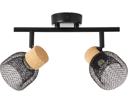 Plafondlamp met twee spots van metaalgaas en kurk