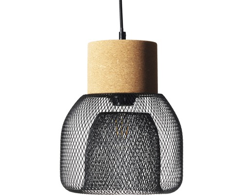Hanglamp met kurkelement en zwart metalen raster