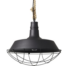 Zwarte hanglamp met touwophanging en metalen kooi