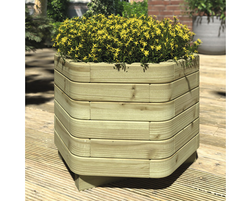 Houten plantenbak met gele bloemen