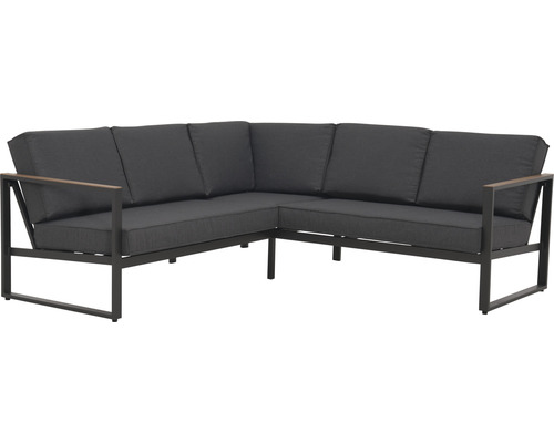 Hoekbank met metalen frame en grijze kussens voor buiten