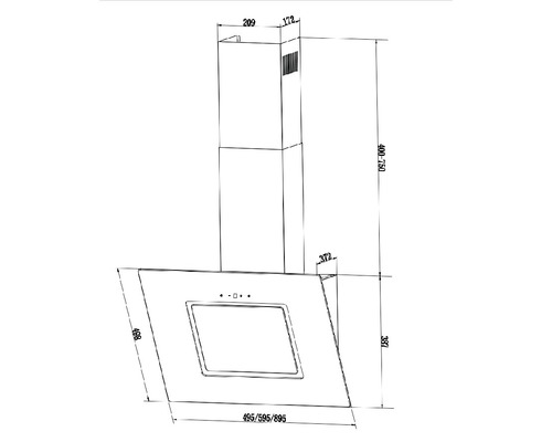 Technische tekening van een afzuigkap met maatvoering
