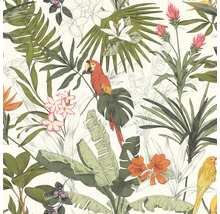 Behang met tropisch design, papegaaien, bladeren en bloemen