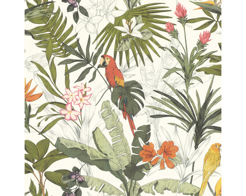 RASCH Vliesbehang 689907 Rhapsody jungle groen Behang met tropisch design, papegaaien, bladeren en bloemen
