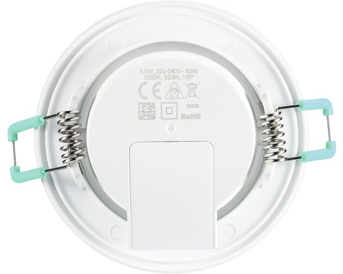 LED inbouwspot achterkant met technische gegevens, veren en IP65 beschermingsgraad