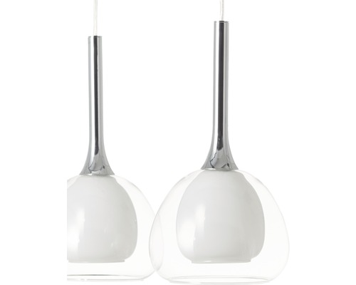 Twee hanglampen met glazen kap en metalen element