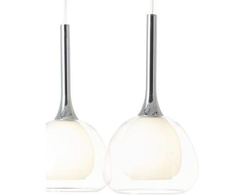 Twee hanglampen met glazen bolkap en metalen ophanging