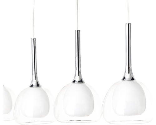 Hanglamp met meerdere lampen, glazen kappen en chroomdetails