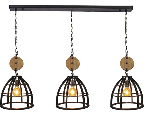 Hanglamp met drie lampen, kooiconstructie en houten elementen