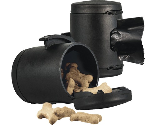 Twee zwarte containers voor hondensnoepjes en hondenpoepzakjes