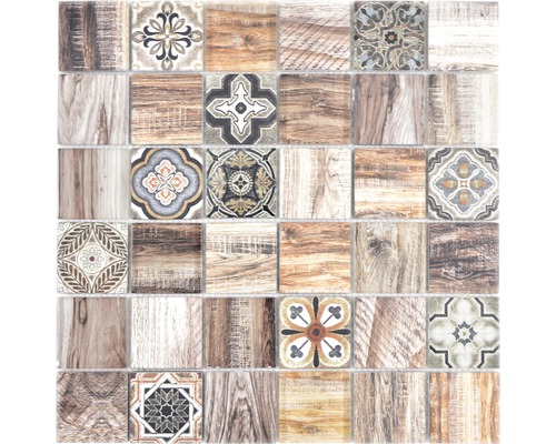 Mozaïektegel glas XCM Wood 200 bruin 30x30 cm Patroon van vierkante tegels met houten decor en bloemmotieven